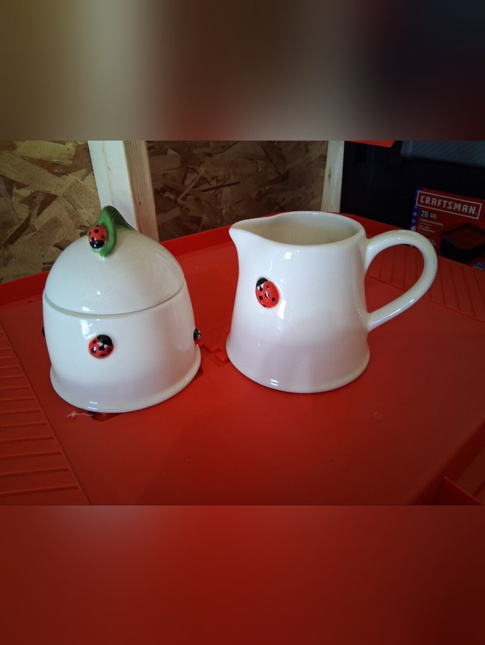 Ceramic White Creamer and Sugar Set with Red Ladybug Accents